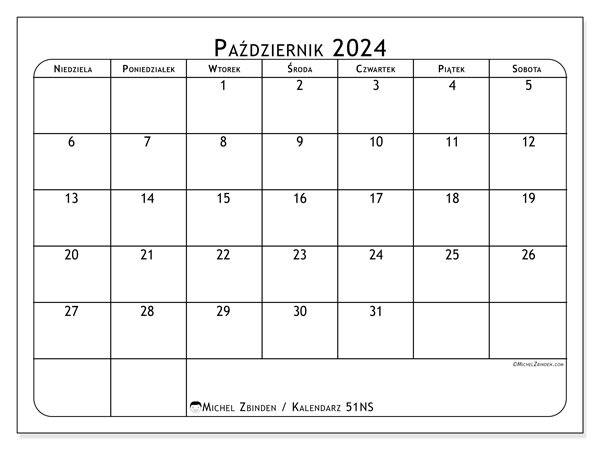 Kalendarz październik 2024 “51”. Darmowy plan do druku.. Od niedzieli do soboty