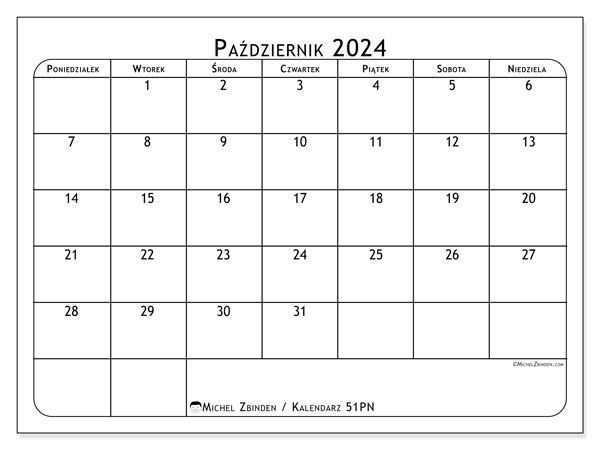 Kalendarz październik 2024 “51”. Darmowy plan do druku.. Od poniedziałku do niedzieli