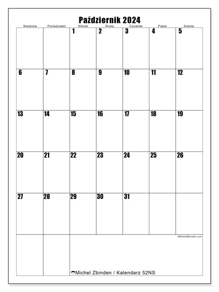 Kalendarz październik 2024 “52”. Darmowy dziennik do druku.. Od niedzieli do soboty