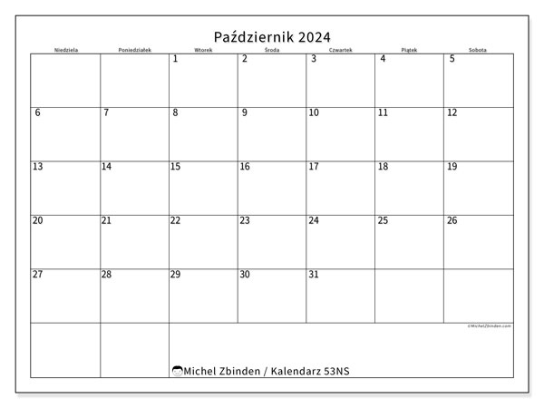 Kalendarz październik 2024 “53”. Darmowy program do druku.. Od niedzieli do soboty