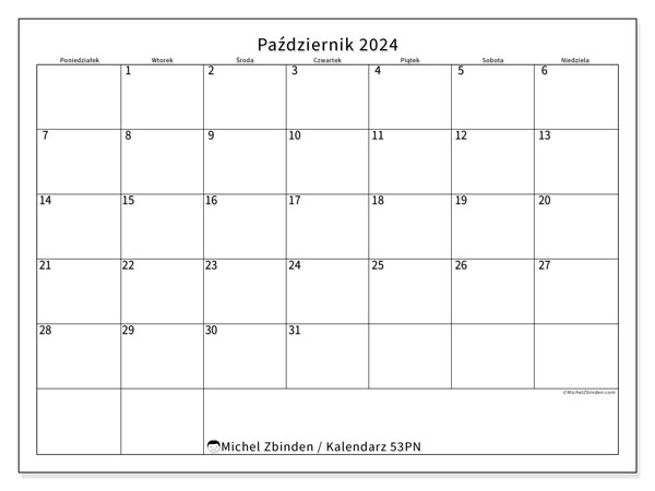 Kalendarz październik 2024 “53”. Darmowy program do druku.. Od poniedziałku do niedzieli