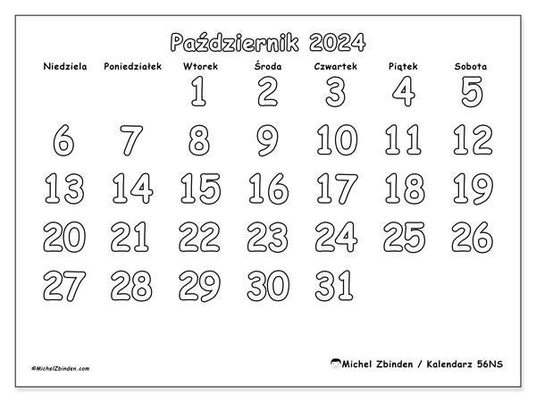 Kalendarz październik 2024 “56”. Darmowy program do druku.. Od niedzieli do soboty