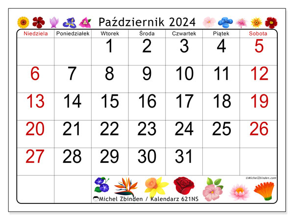 Kalendarz październik 2024, 621NS. Darmowy plan do druku.