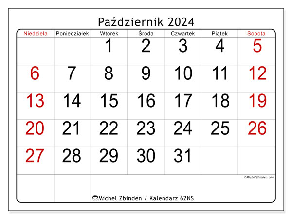 Kalendarz październik 2024 “62”. Darmowy program do druku.. Od niedzieli do soboty