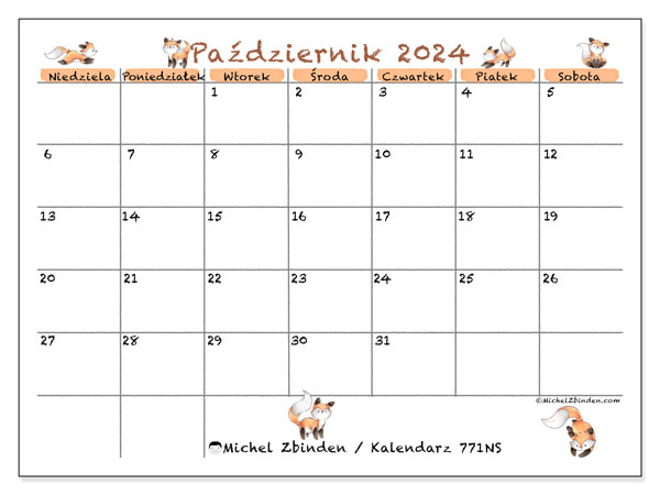 Kalendarz październik 2024 “771”. Darmowy plan do druku.. Od niedzieli do soboty