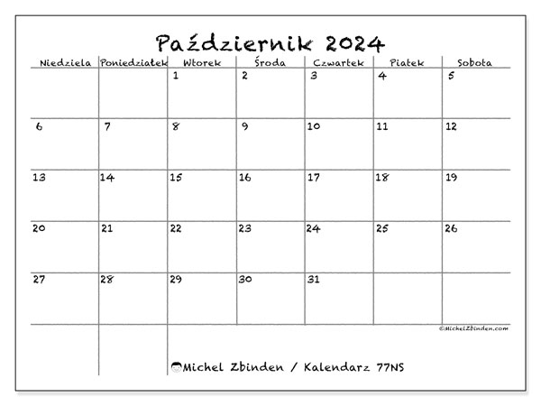 Kalendarz październik 2024 “77”. Darmowy kalendarz do druku.. Od niedzieli do soboty