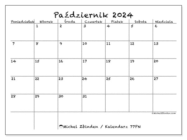 Kalendarz październik 2024 “77”. Darmowy kalendarz do druku.. Od poniedziałku do niedzieli