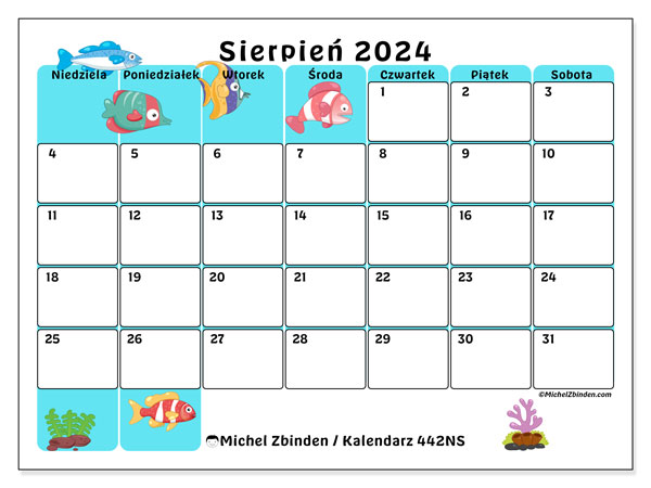 Kalendarz sierpień 2024 “442”. Darmowy plan do druku.. Od niedzieli do soboty