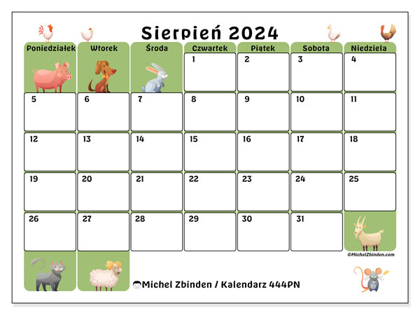 Kalendarz sierpień 2024 “444”. Darmowy kalendarz do druku.. Od poniedziałku do niedzieli