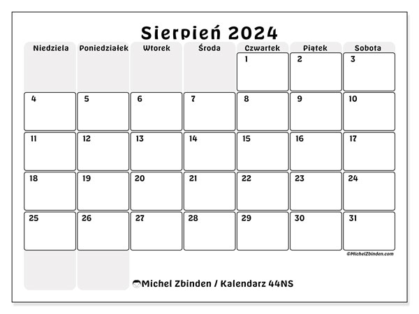 Kalendarz sierpień 2024 “44”. Darmowy kalendarz do druku.. Od niedzieli do soboty