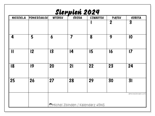 Kalendarz sierpień 2024, 45NS. Darmowy program do druku.