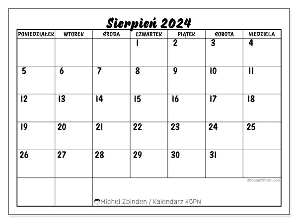 Kalendarz sierpień 2024 “45”. Darmowy terminarz do druku.. Od poniedziałku do niedzieli