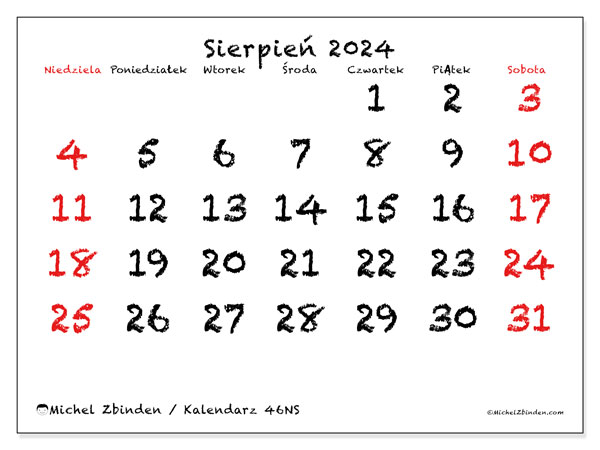 Kalendarz sierpień 2024 “46”. Darmowy terminarz do druku.. Od niedzieli do soboty