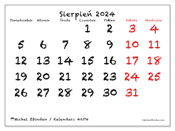 Kalendarz sierpień 2024 “46”. Darmowy terminarz do druku.. Od poniedziałku do niedzieli