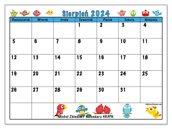 Kalendarz sierpień 2024 “483”. Darmowy terminarz do druku.. Od poniedziałku do niedzieli