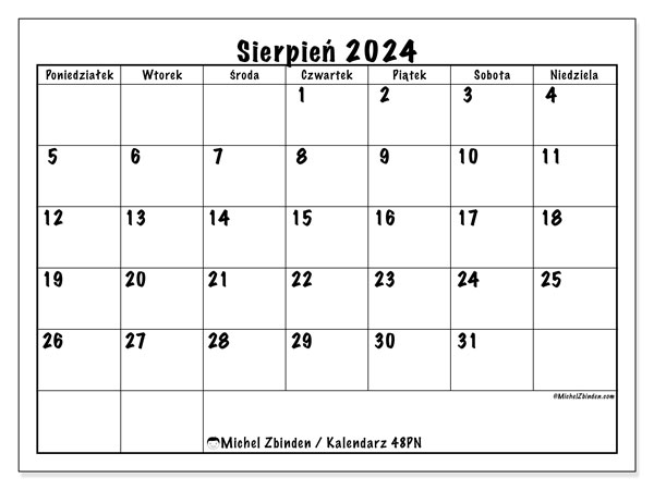 Kalendarz sierpień 2024 “48”. Darmowy dziennik do druku.. Od poniedziałku do niedzieli