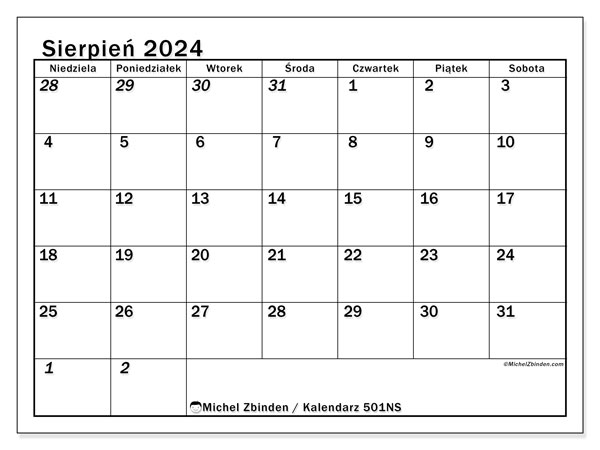 Kalendarz sierpień 2024 “501”. Darmowy kalendarz do druku.. Od niedzieli do soboty
