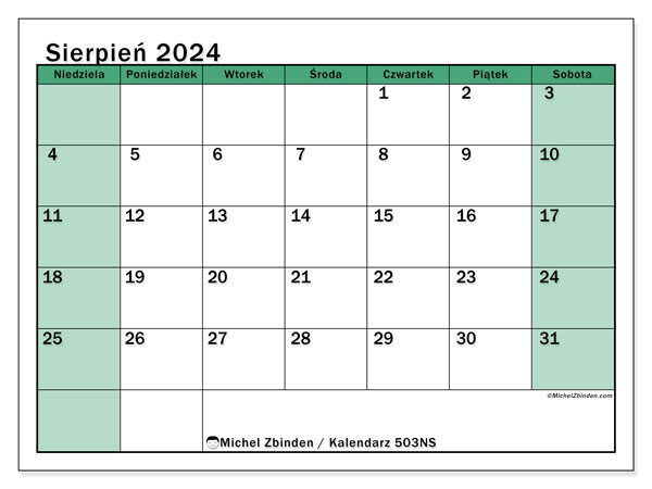 Kalendarz sierpień 2024 “503”. Darmowy plan do druku.. Od niedzieli do soboty