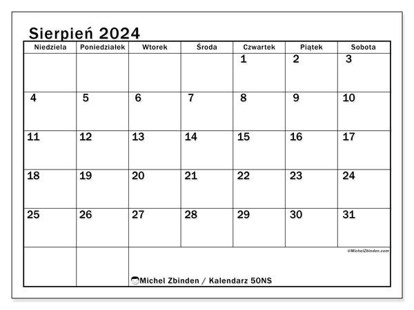 Kalendarz sierpień 2024 “50”. Darmowy terminarz do druku.. Od niedzieli do soboty