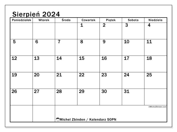 Kalendarz sierpień 2024 “50”. Darmowy terminarz do druku.. Od poniedziałku do niedzieli