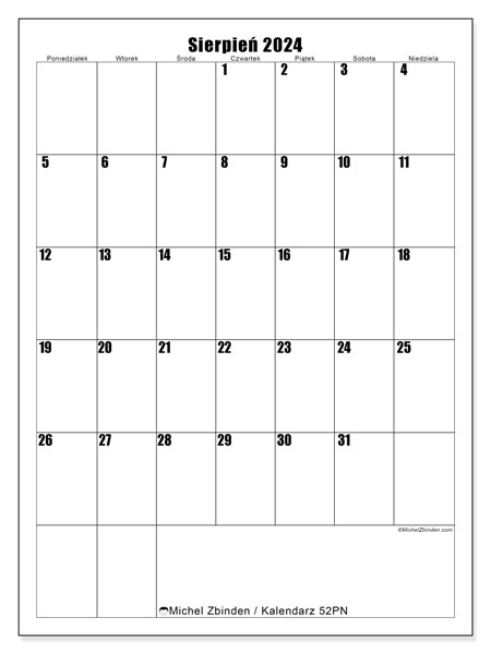 Kalendarz sierpień 2024 “52”. Darmowy dziennik do druku.. Od poniedziałku do niedzieli