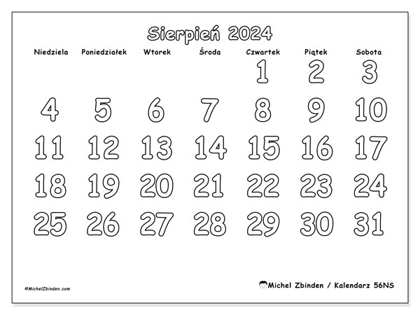 Kalendarz sierpień 2024, 56NS. Darmowy program do druku.