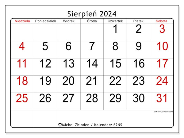 Kalendarz sierpień 2024 “62”. Darmowy kalendarz do druku.. Od niedzieli do soboty