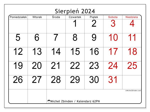 Kalendarz sierpień 2024 “62”. Darmowy kalendarz do druku.. Od poniedziałku do niedzieli