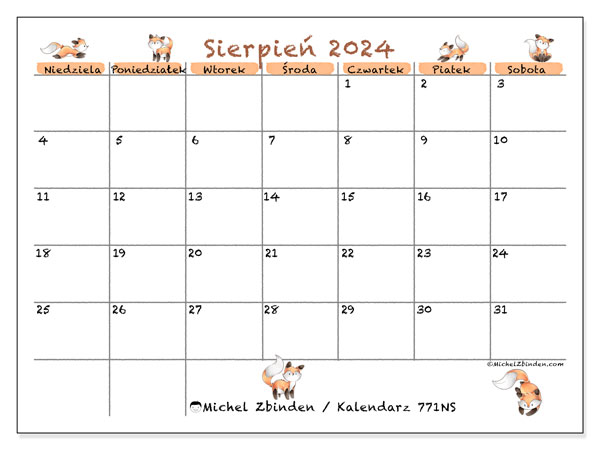 Kalendarz sierpień 2024 “771”. Darmowy dziennik do druku.. Od niedzieli do soboty