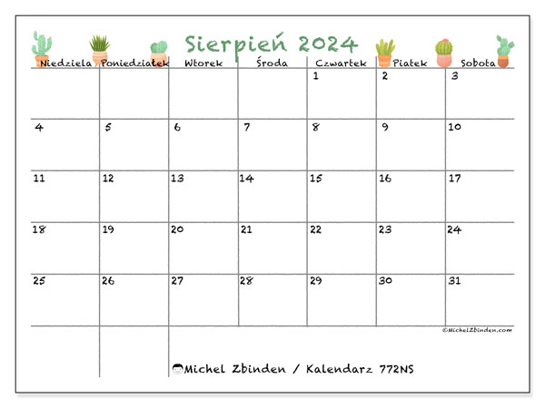 Kalendarz sierpień 2024 “772”. Darmowy program do druku.. Od niedzieli do soboty