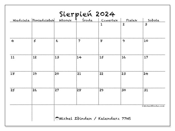 Kalendarz sierpień 2024 “77”. Darmowy kalendarz do druku.. Od niedzieli do soboty