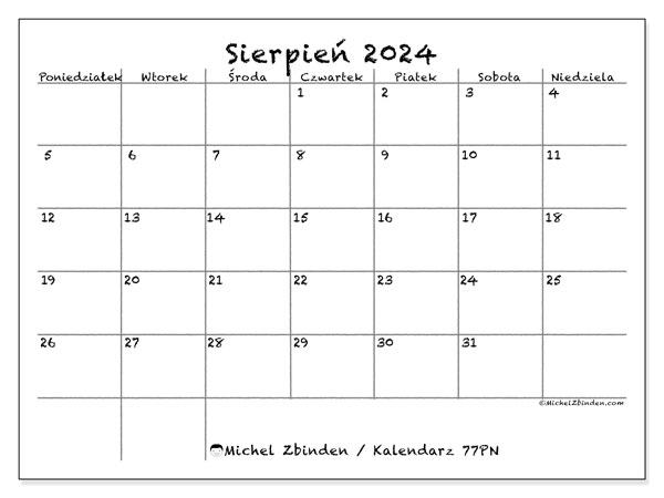 Kalendarz sierpień 2024 “77”. Darmowy kalendarz do druku.. Od poniedziałku do niedzieli