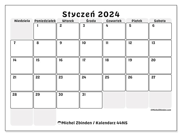 Kalendarz styczen 2024, 44NS. Darmowy dziennik do druku.