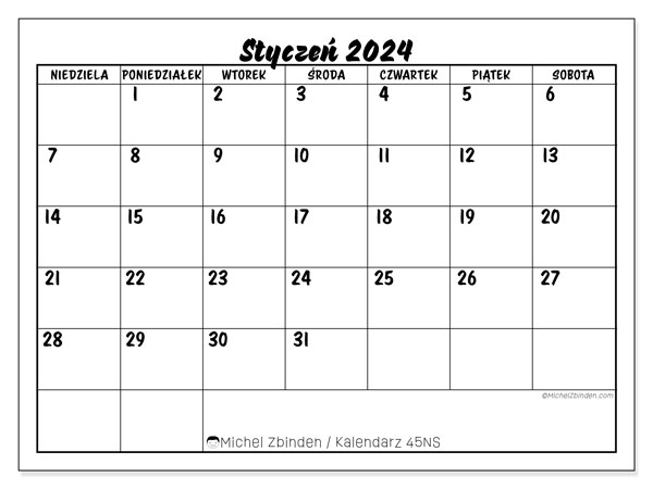 Kalendarz do druku, styczen 2024, 45NS