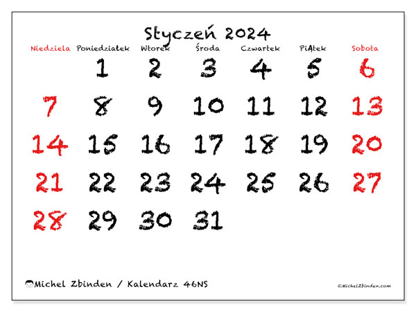 Kalendarz styczen 2024, 46NS. Darmowy kalendarz do druku.