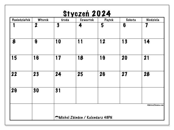 48PN, kalendarz styczeń 2024, do druku, bezpłatny.