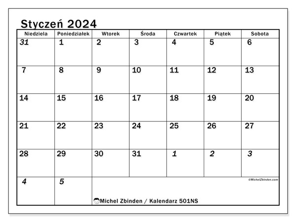 Kalendarz styczen 2024 “501”. Darmowy plan do druku.. Od niedzieli do soboty