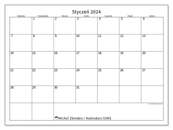 Kalendarz do druku, styczen 2024, 53NS