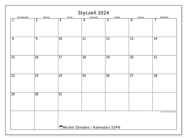 Kalendarz styczen 2024, 53NS. Darmowy kalendarz do druku.