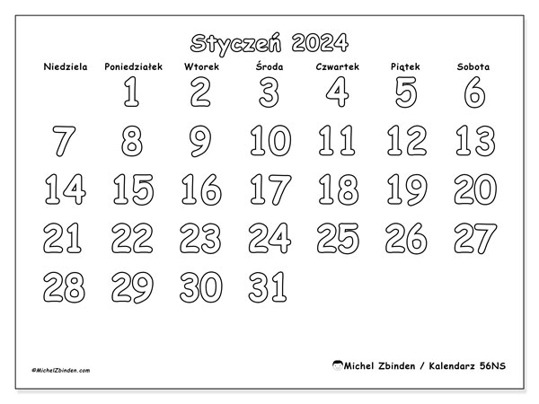 Kalendarz styczen 2024, 56NS. Darmowy kalendarz do druku.