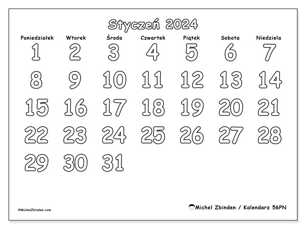 Kalendarz styczen 2024, 56PN. Darmowy dziennik do druku.