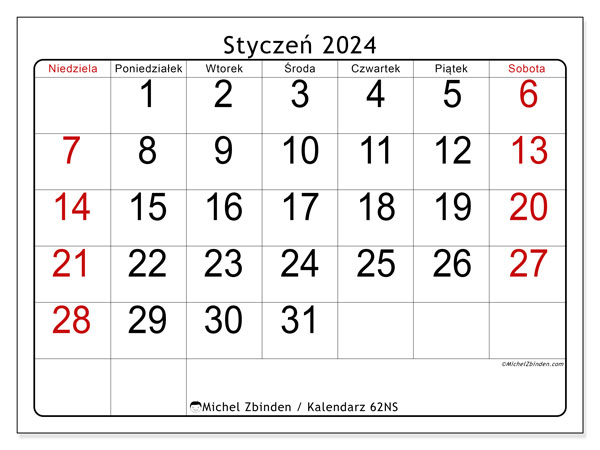 Kalendarz styczen 2024, 62NS. Darmowy kalendarz do druku.