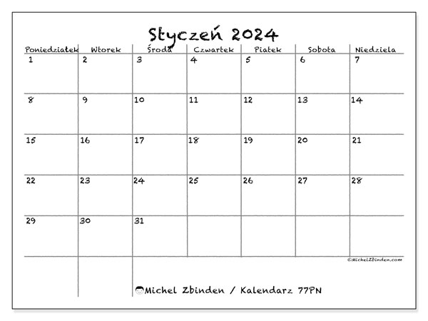 77PN, kalendarz styczeń 2024, do druku, bezpłatny.