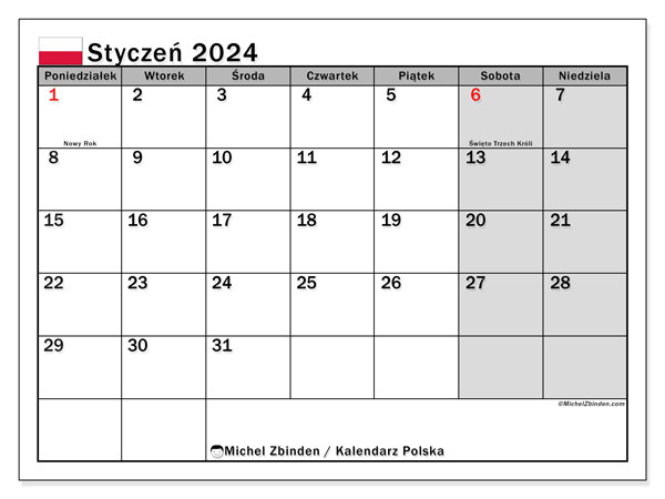 Calendrier janvier 2024, Pologne (PL), prêt à imprimer et gratuit.