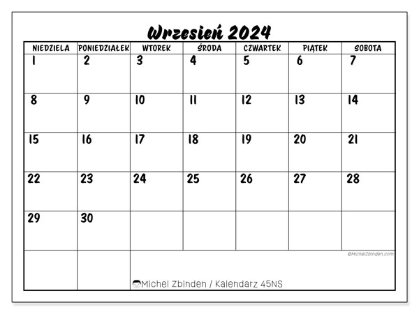 Kalendarz wrzesień 2024 “45”. Darmowy dziennik do druku.. Od niedzieli do soboty