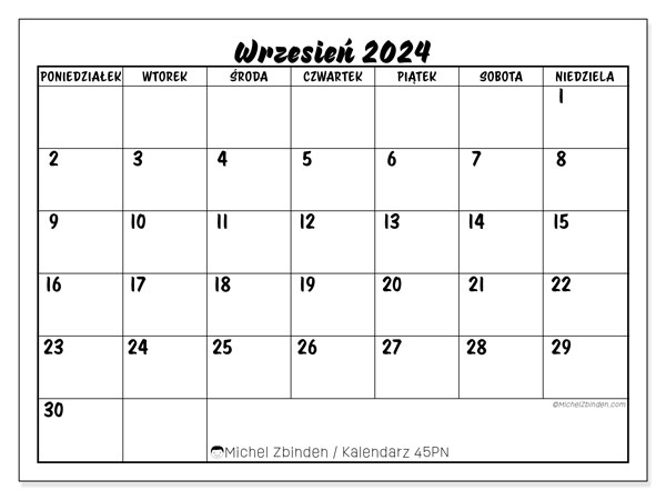 Kalendarz wrzesień 2024 “45”. Darmowy dziennik do druku.. Od poniedziałku do niedzieli