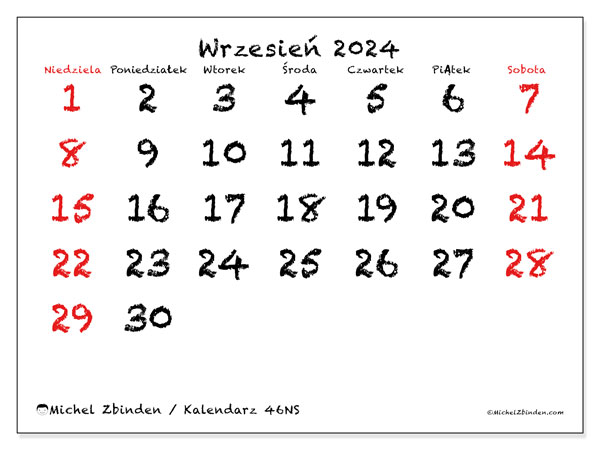 Kalendarz wrzesień 2024 “46”. Darmowy dziennik do druku.. Od niedzieli do soboty