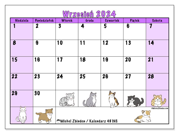 Kalendarz wrzesień 2024 “481”. Darmowy kalendarz do druku.. Od niedzieli do soboty