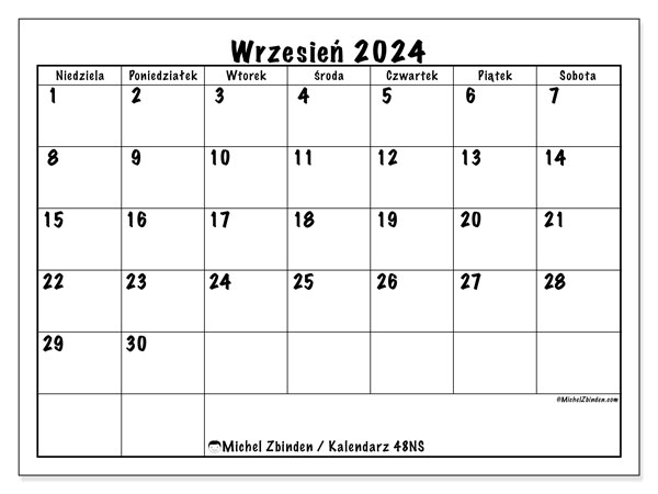 Kalendarz wrzesień 2024 “48”. Darmowy plan do druku.. Od niedzieli do soboty