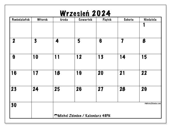 Kalendarz wrzesień 2024 “48”. Darmowy plan do druku.. Od poniedziałku do niedzieli